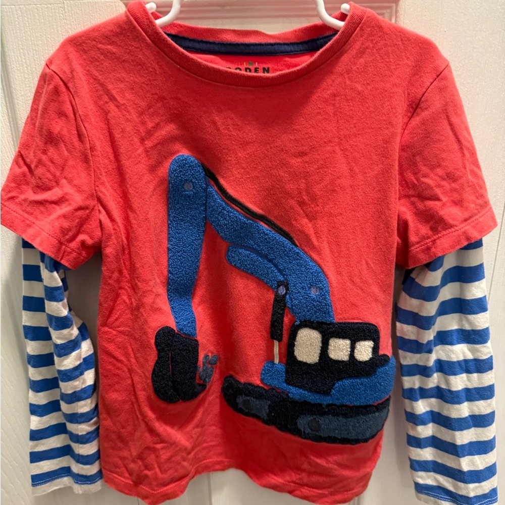 Red and Blue Mini Boden shirt with Excavator Design